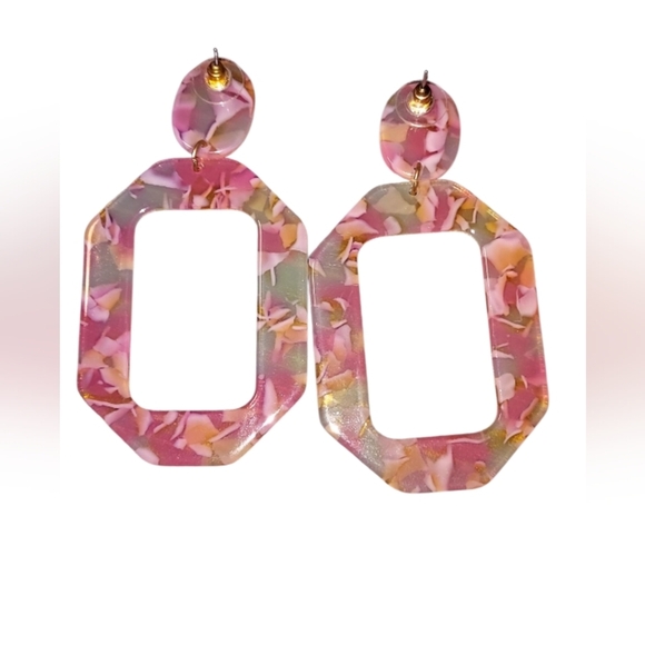 Pink and Gold Acrylic Drop Earrings - Picture 3 of 4
